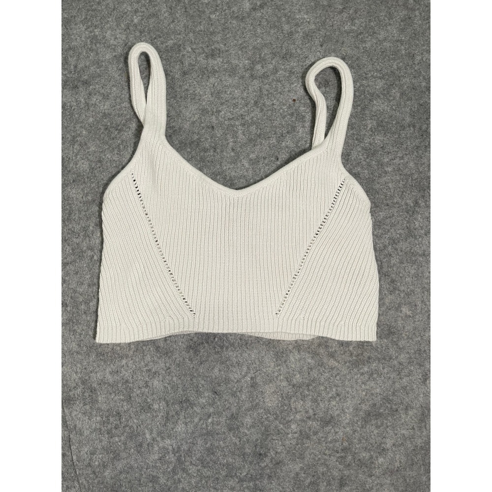 Cotton On Womens Rib Knit Cropped Tank Top Cream V-Neck Pointelle Size‎ L